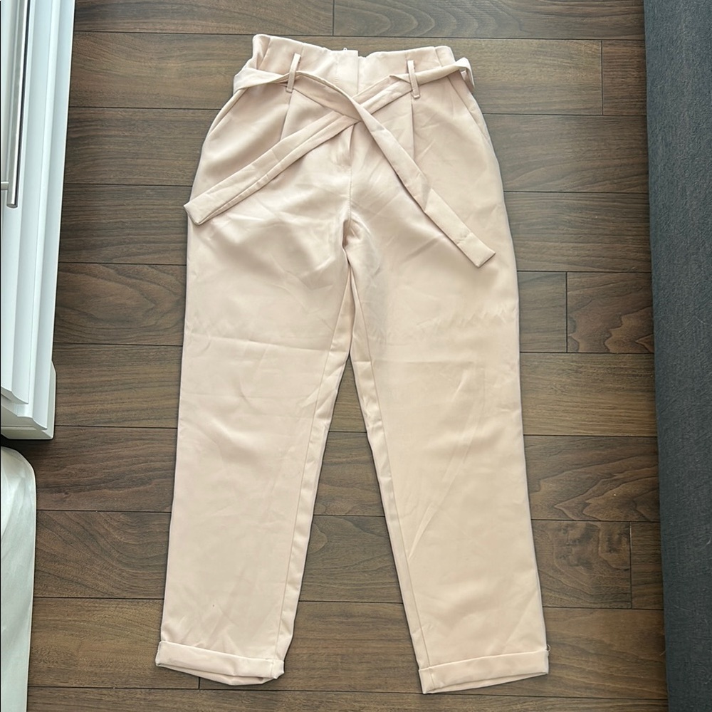 Elegant light baby pink High-Waisted paper bag  Pants